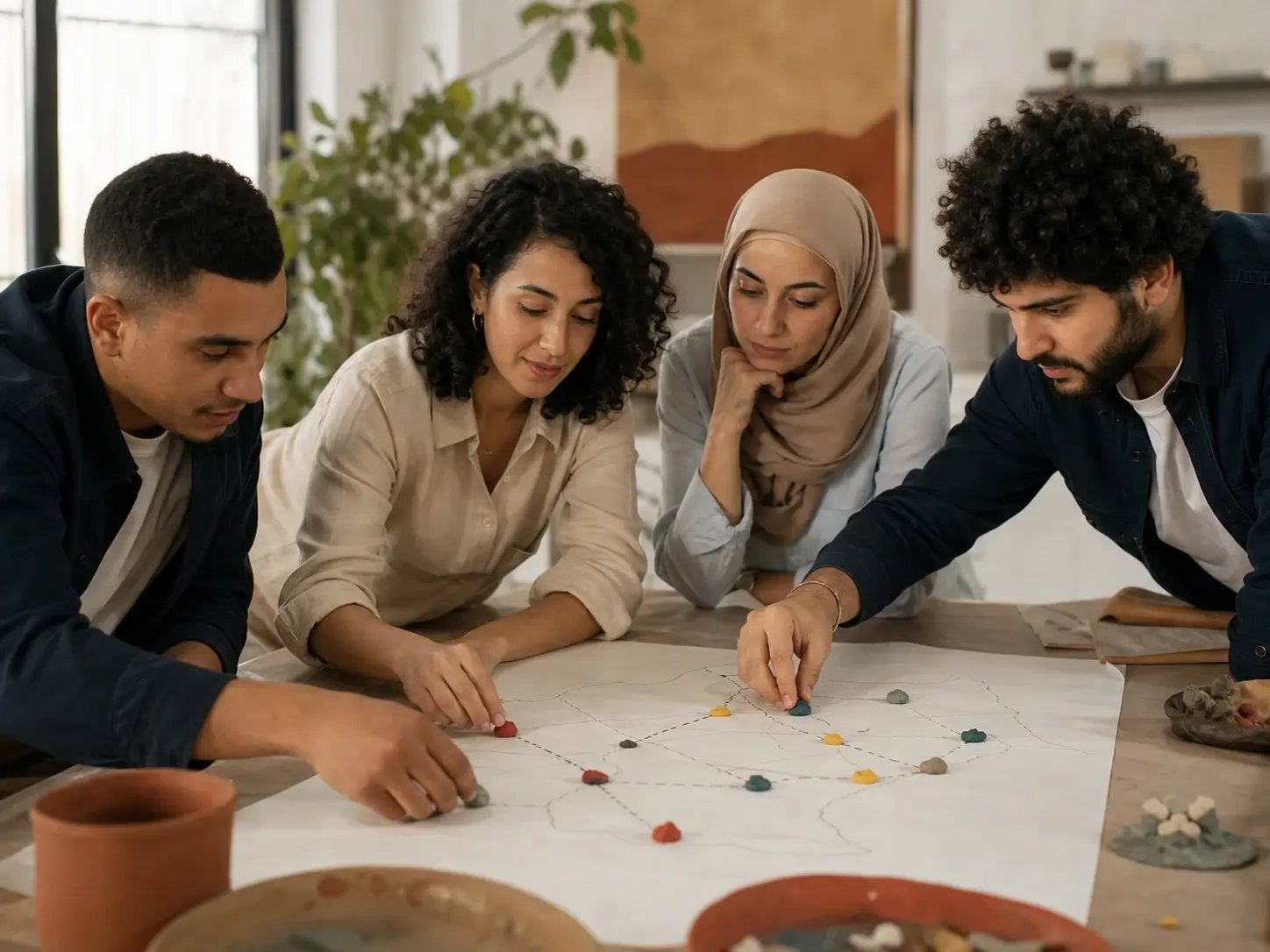 Four community members connecting locations with clay markers on a shared map