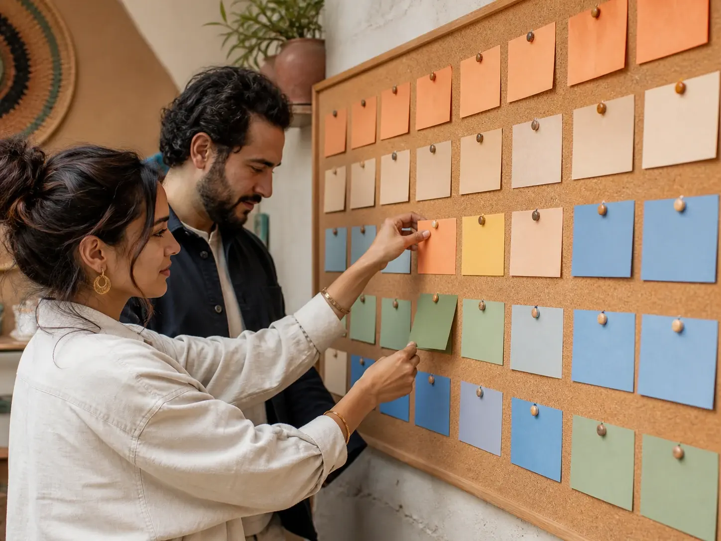 Two community members organizing a color-coded neighborhood information board