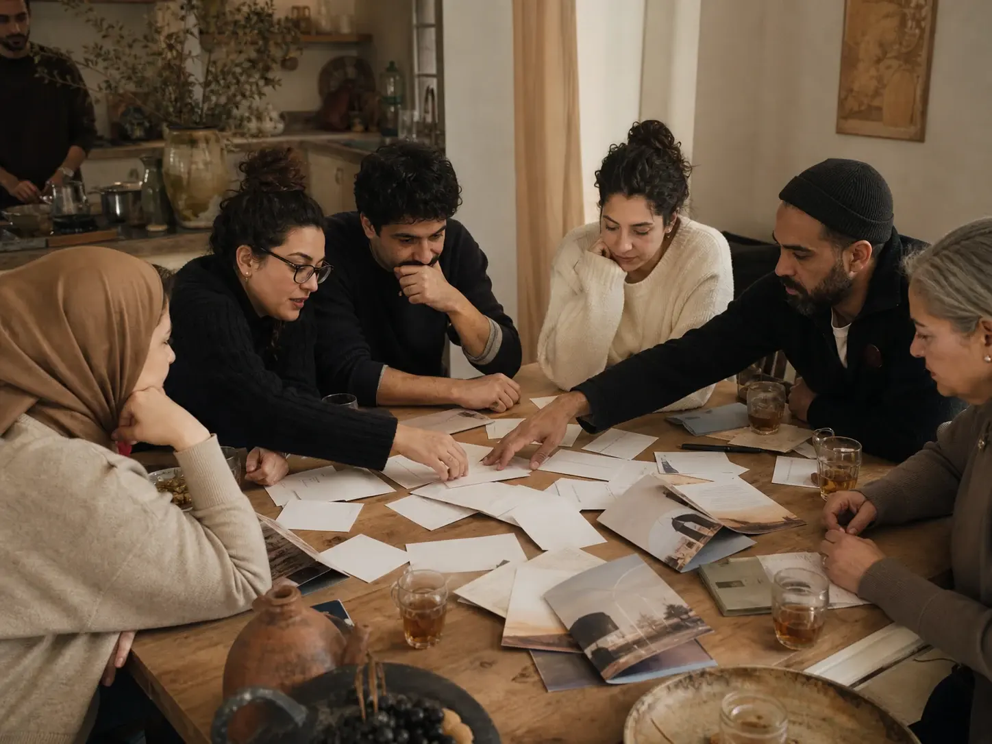 Community members sorting scattered notes and shared information around a table