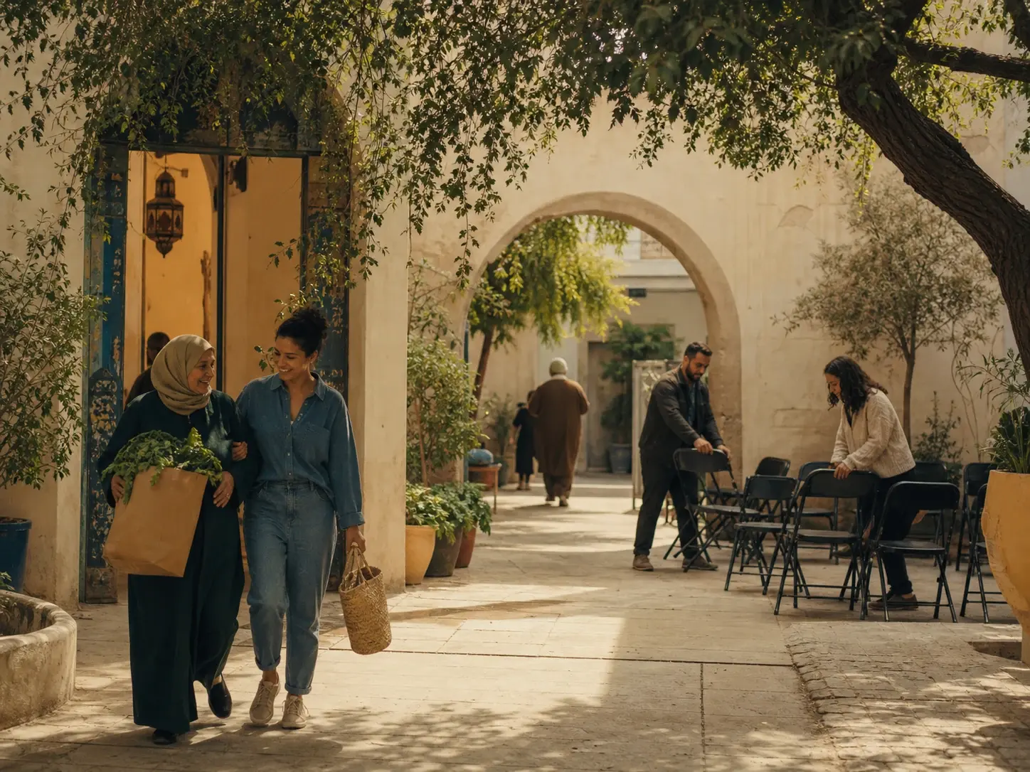 Neighbors helping with groceries and preparing a courtyard gathering