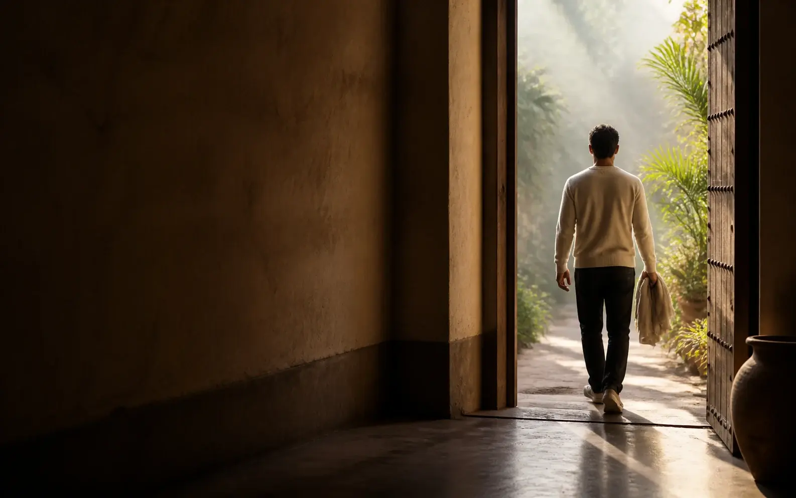 A person walking peacefully through a sunlit garden doorway