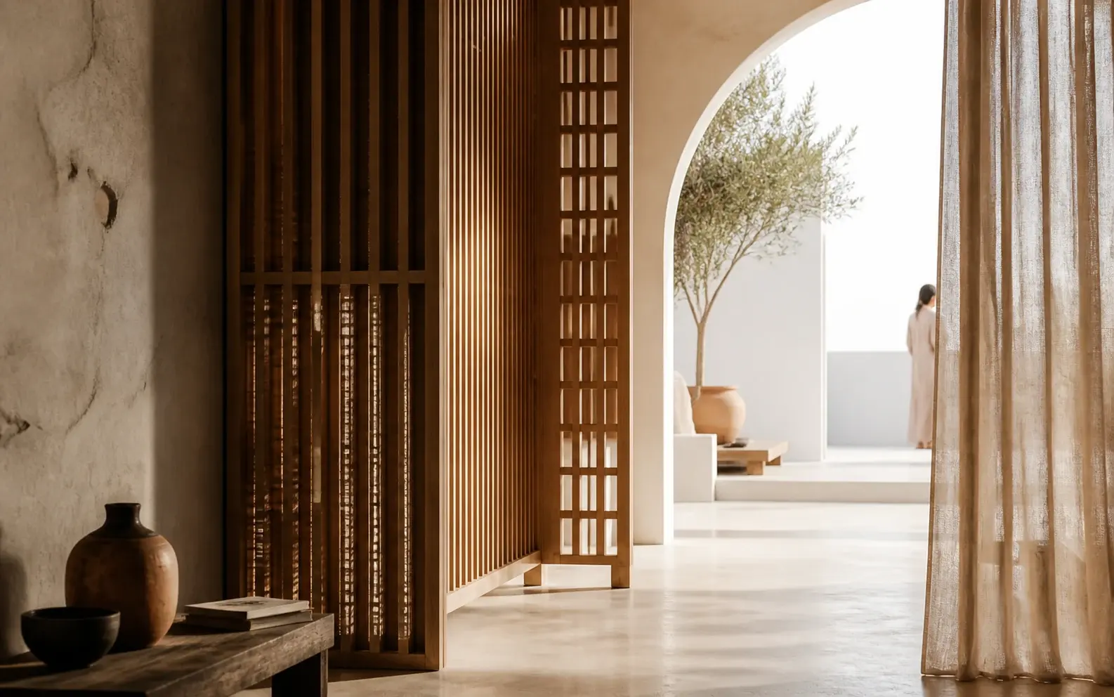 Layered wooden screens opening onto a quiet, sunlit courtyard